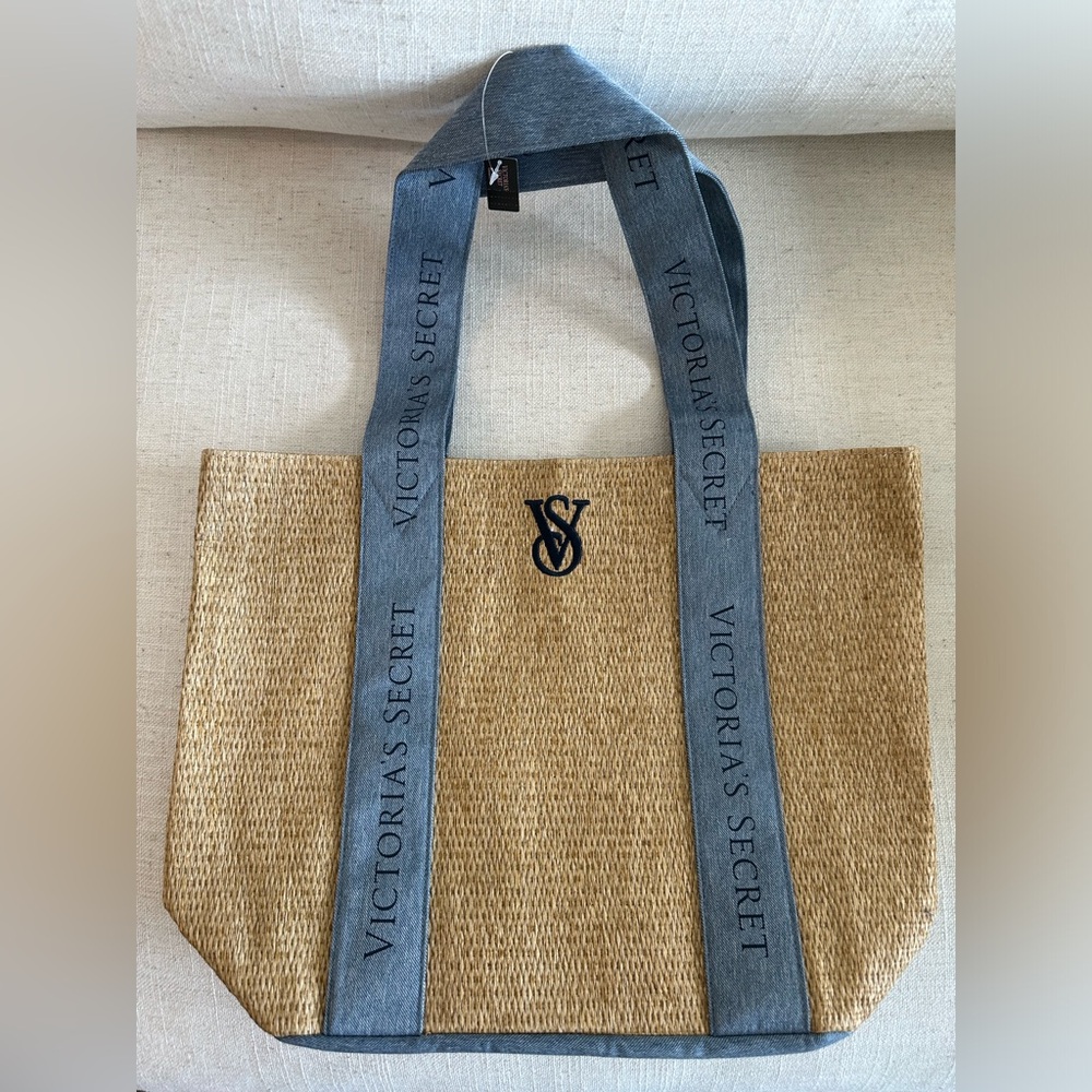 Victoria's Secret Straw and Denim Woven Weave Summer Beach Tote Bag